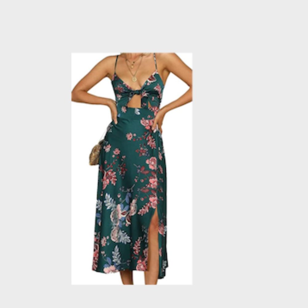 Dark Green Satin Floral High Slit V Neck Midi Dress